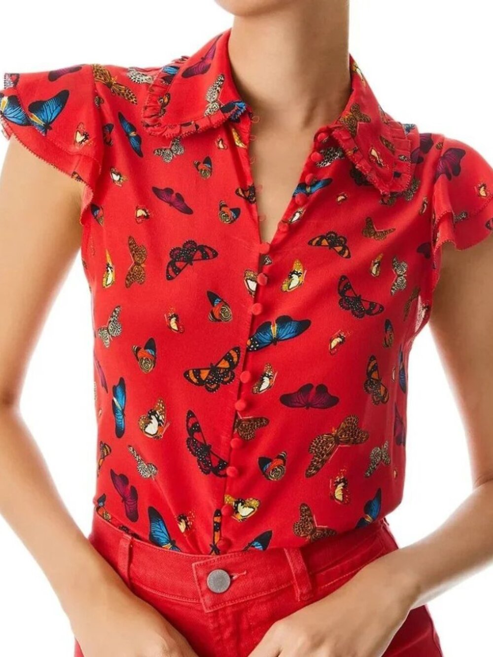 Alice + Olivia Martel Butterfly Silk Shirt Blouse Ruffle Red Bug Take Flight S